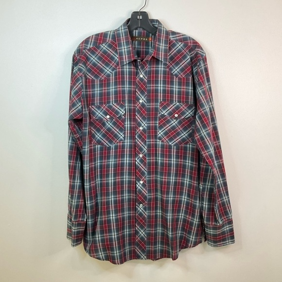 ROPER Long Sleeve Red Plaid Western Yoke Shirt Pearl Snap Pockets Men’s M - Picture 2 of 8